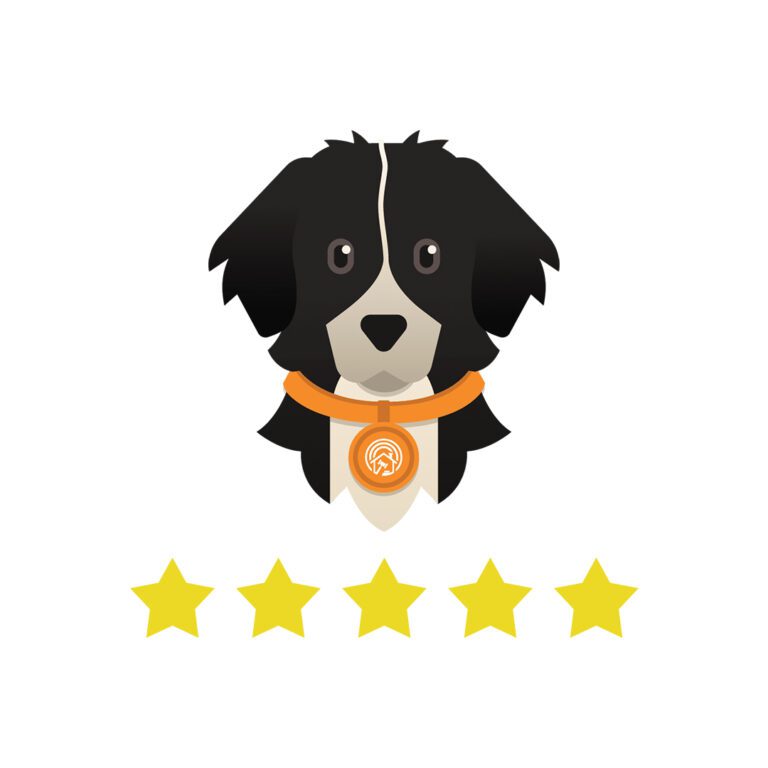 Black and white cartoon dog mascot above 5 yellow stars