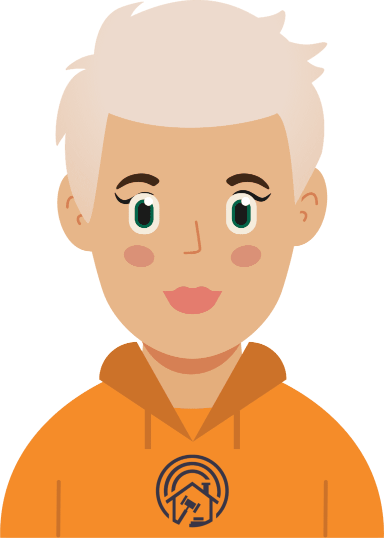 Cartoon render of Becky Oxton. Woman with short light colored hair wearing an orange Sunrise Estate Services sweater.
