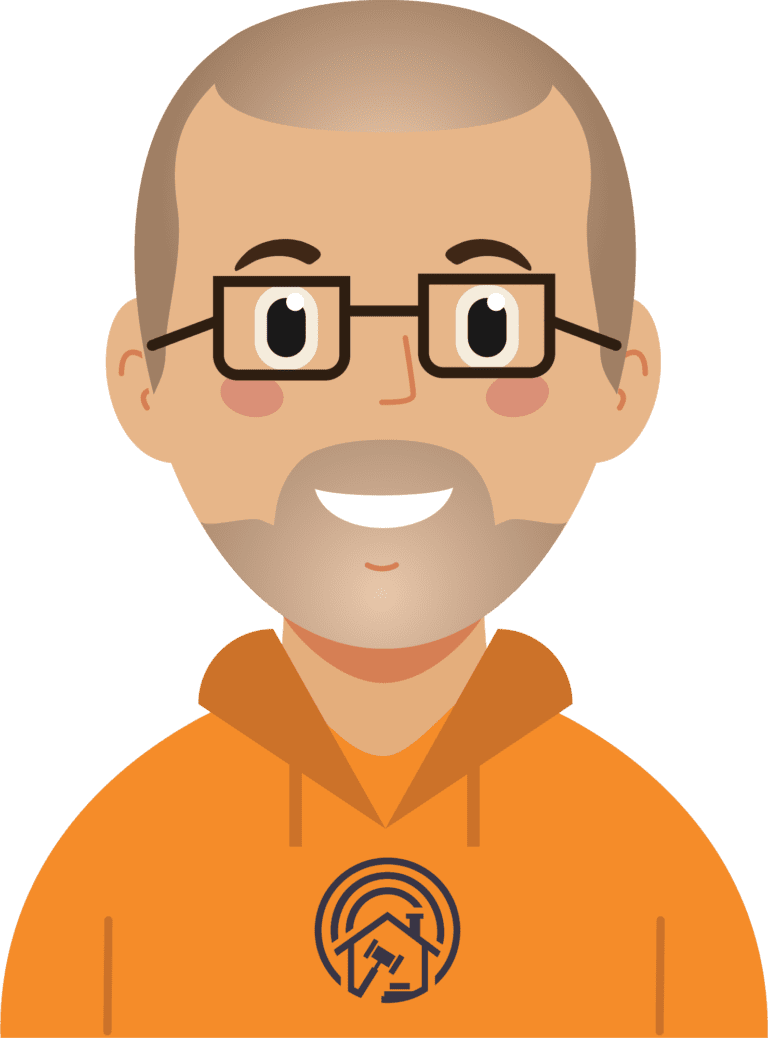 Cartoon render of Clare Seeney. Man with short light brown hair wearing an orange Sunrise Estate Services sweater.